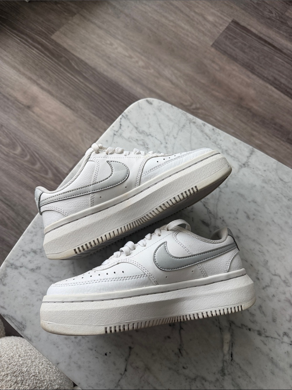 Nike Women's White Platform Sneakers with Light Gray Swoosh